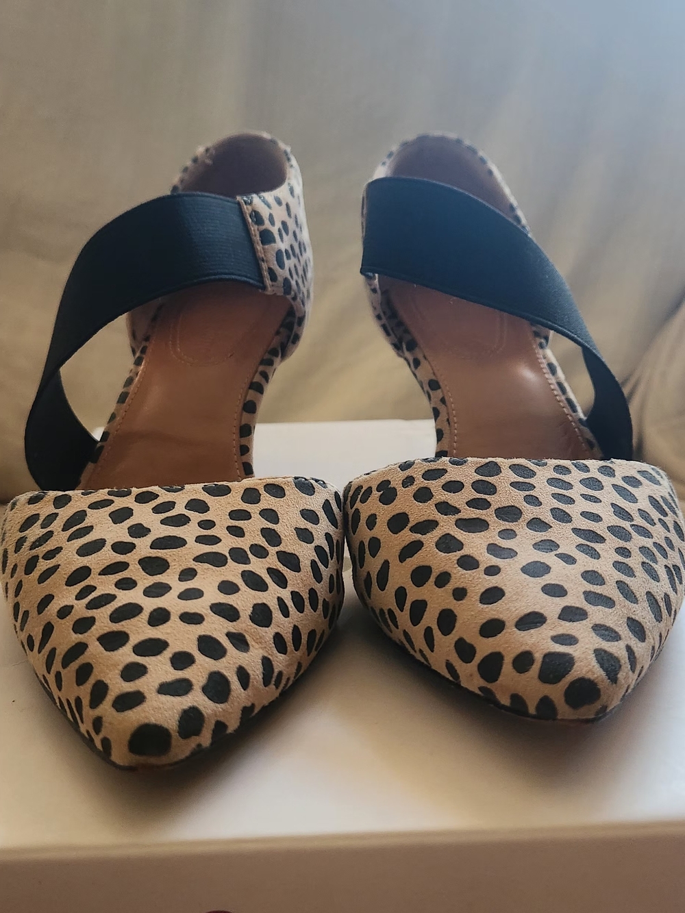 Corso Como Tan and Black Leopard Print Pointed Heels with Black Elastic Strap